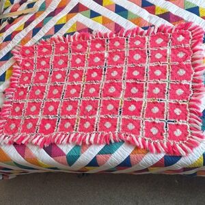 Handmade Crochet Afghan Blanket Pink White Flower Tassel Fringe Vintage